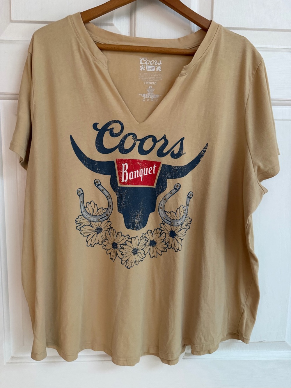 Hybrid Apparel Tan Tee with White Coors Banquet Print